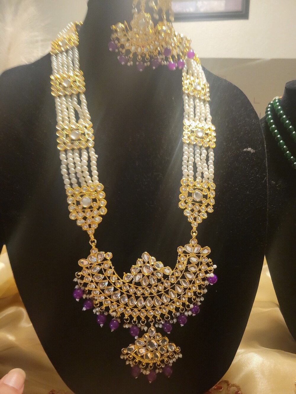Gold-Tone Pearl Necklace with Purple Accents - Women's Jewelry
